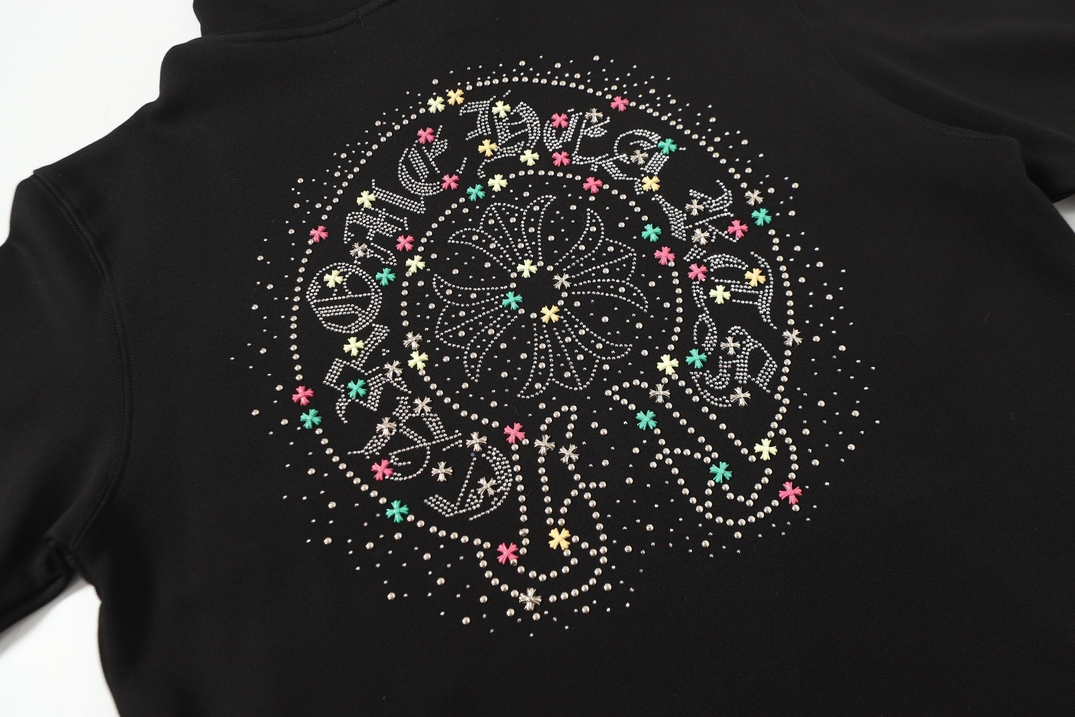 Chrome-Hearts Colorful Rhinestone Hoodie - Black Gothic Street Sweatshirt 2608