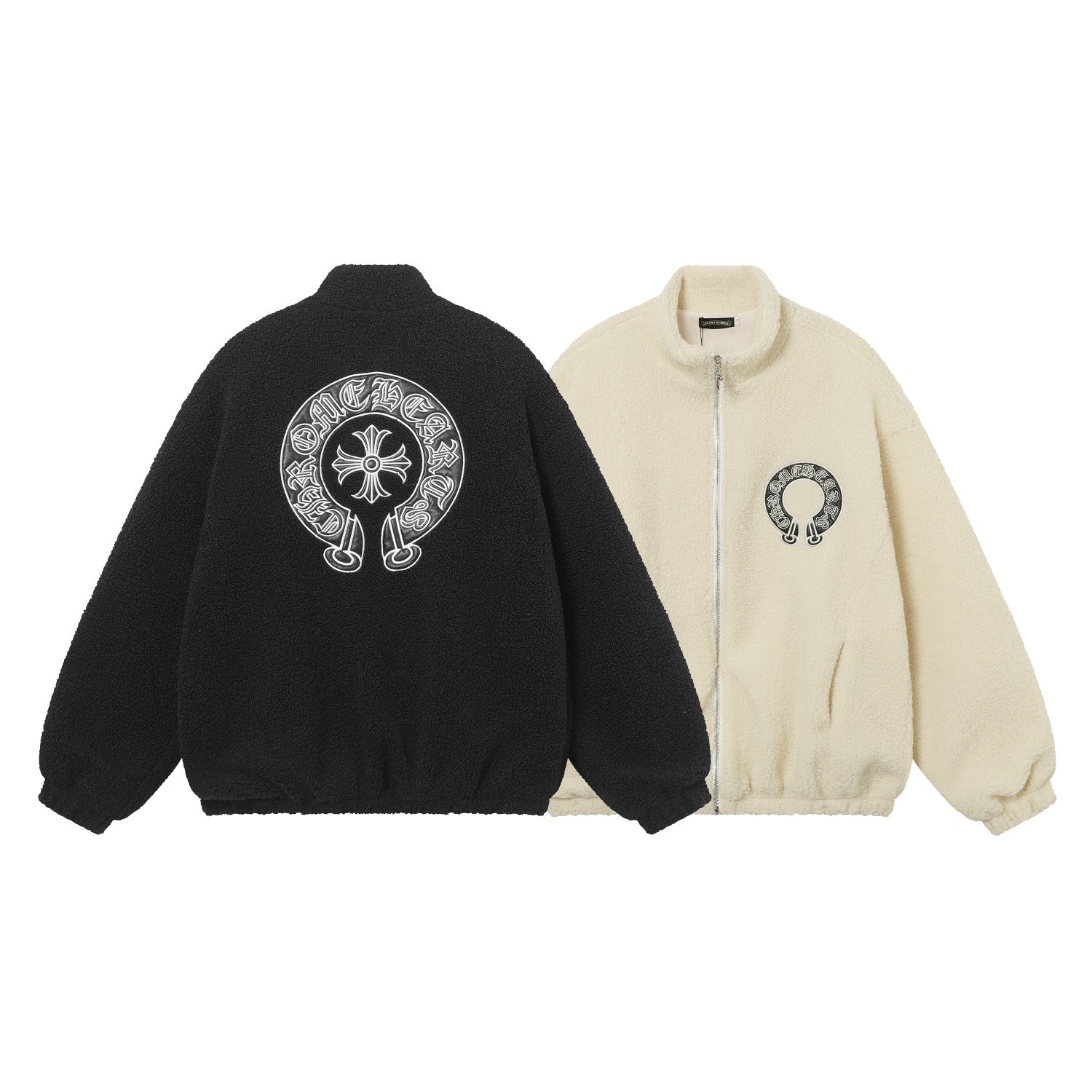 Chrome-Hearts Horseshoe Embroidered Sherpa Jacket - Black Cream Gothic Coat 825