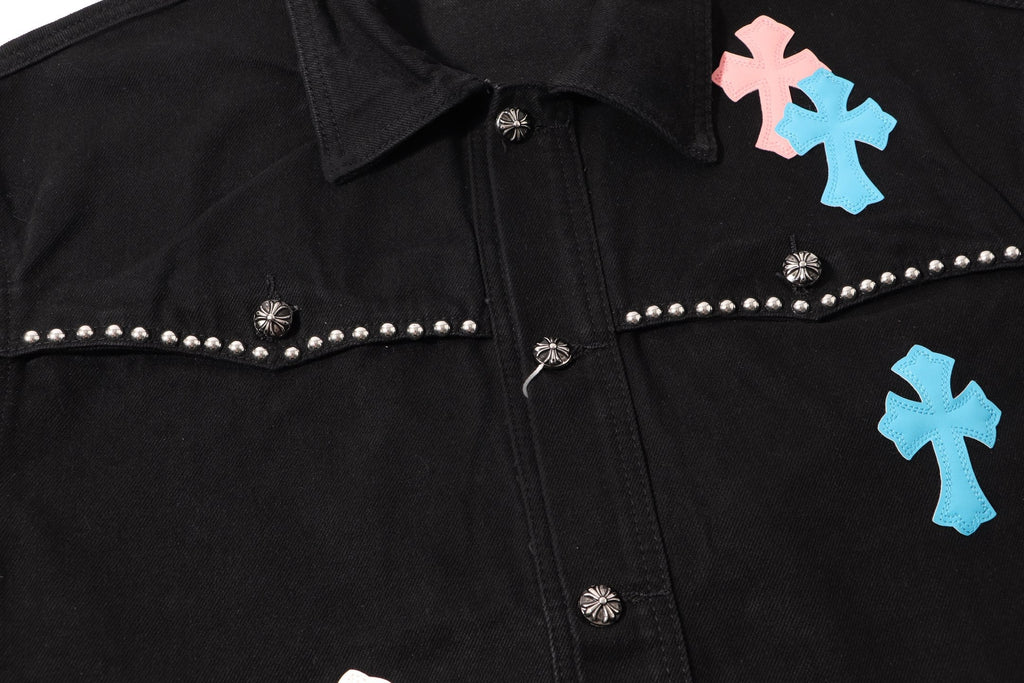 Chrome-Hearts Multi Cross Studded Denim Jacket - Black Gothic Streetwear Coat H49