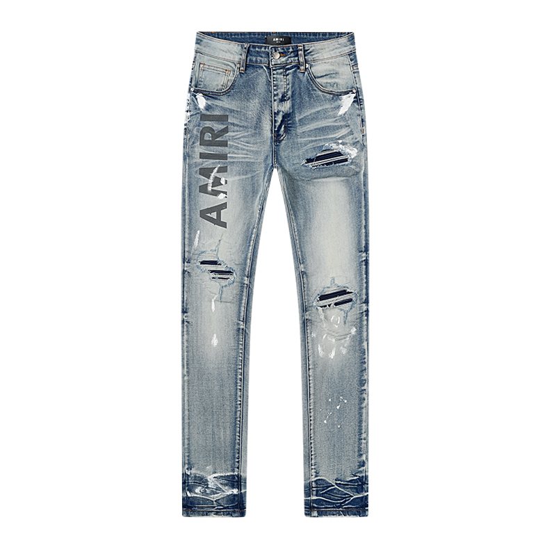 Amiri Light Blue Distressed Leg Print Jeans