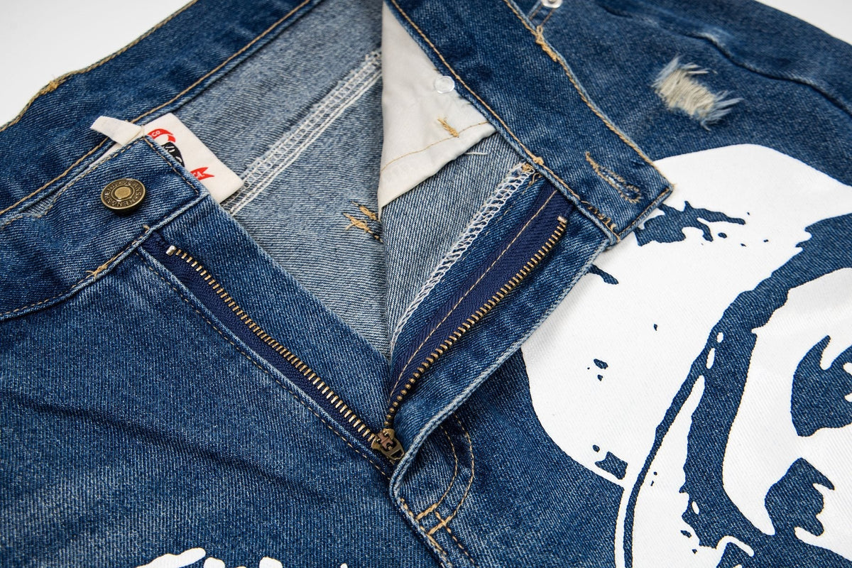 ASAALL Portrait Graphic Washed Denim Shorts