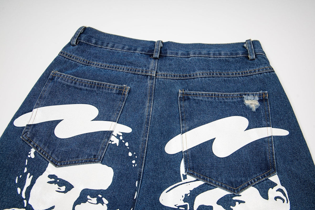 ASAALL Portrait Graphic Washed Denim Shorts